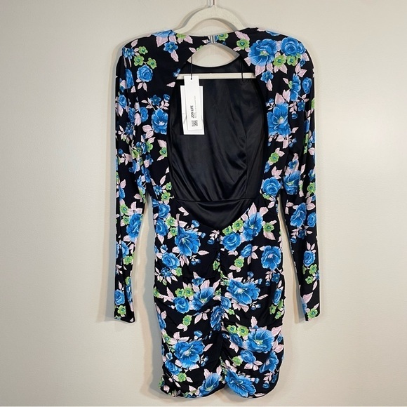 NWT Zara Floral Mini Long Sleeve Open Back Blue Black Dress Size Womens Medium - Picture 3 of 9